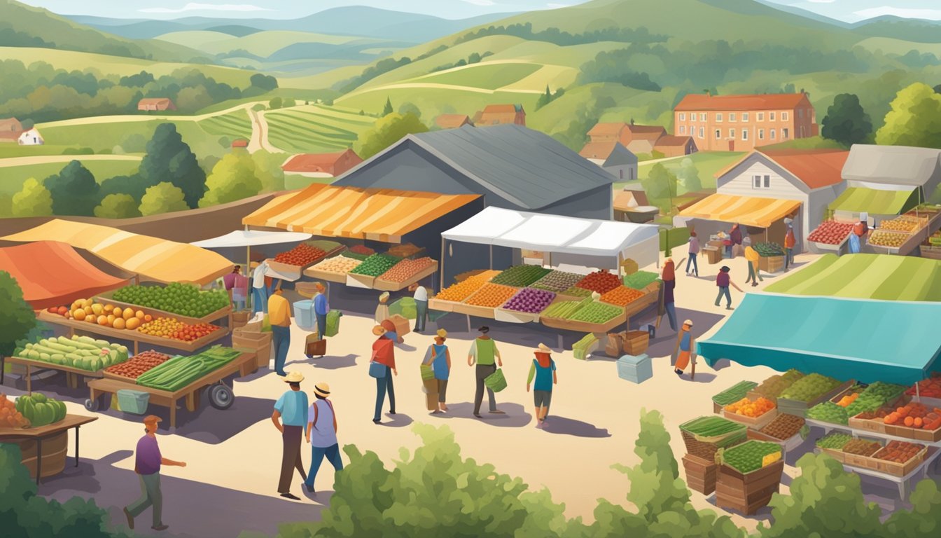 A bustling farmers' market with vendors selling fresh produce and locally-sourced goods, surrounded by rolling hills and picturesque farmland