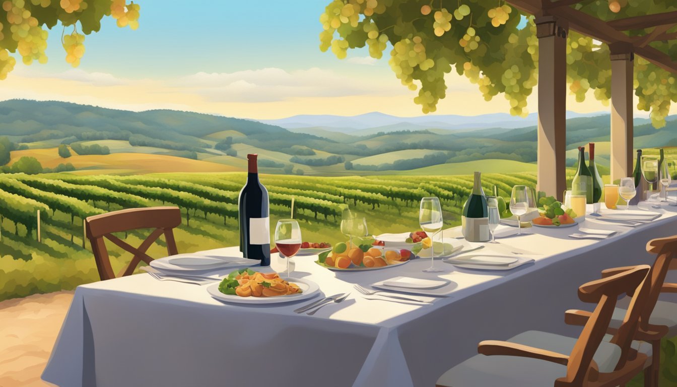 Vineyard overlooking rolling hills, with a table set for two. Local cuisine and wine pairings displayed