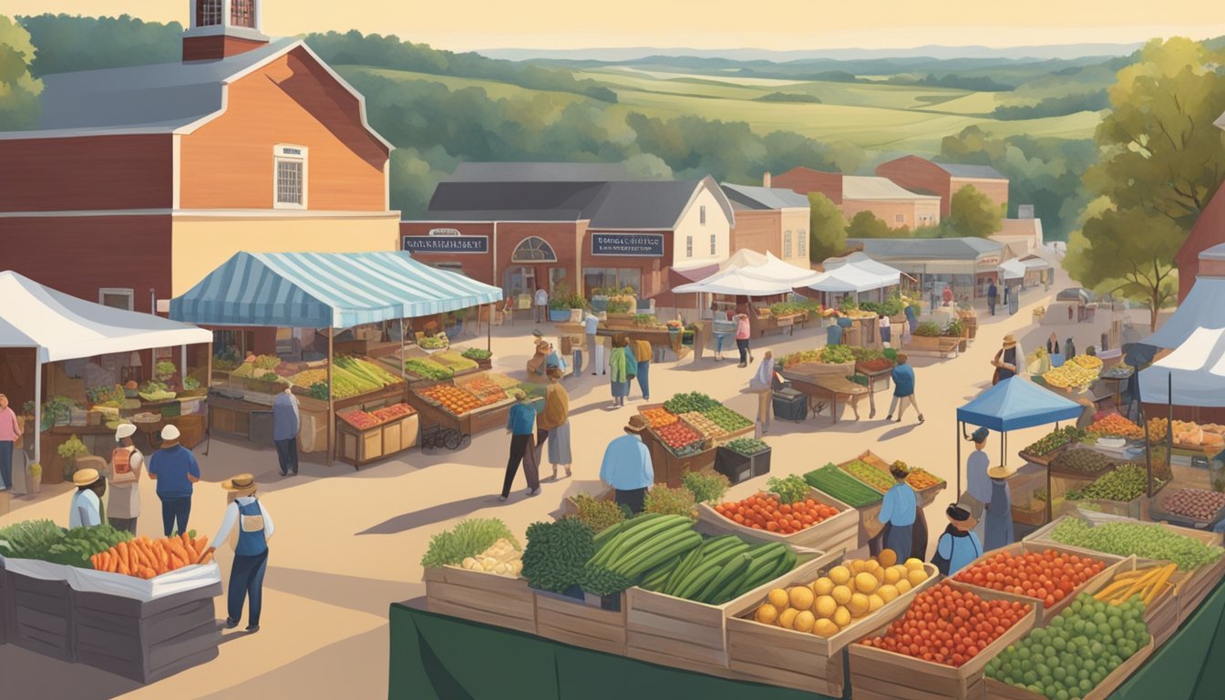 A bustling farmer's market with fresh produce and local vendors, surrounded by scenic farmland and vineyards, showcasing Fredericksburg's farm-to-table culinary influence