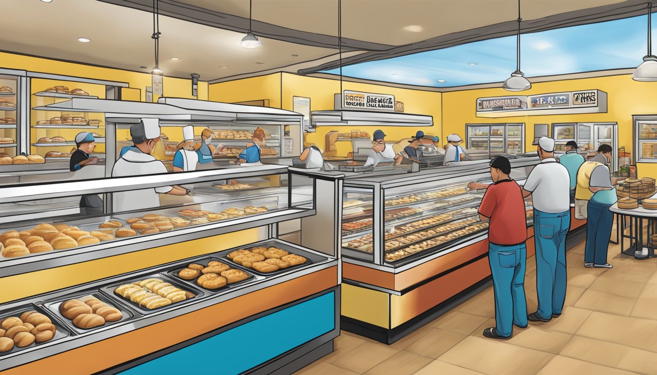 The Kolache Factory in Houston, bustling with customers, showcases a variety of delicious Texas pastries on display