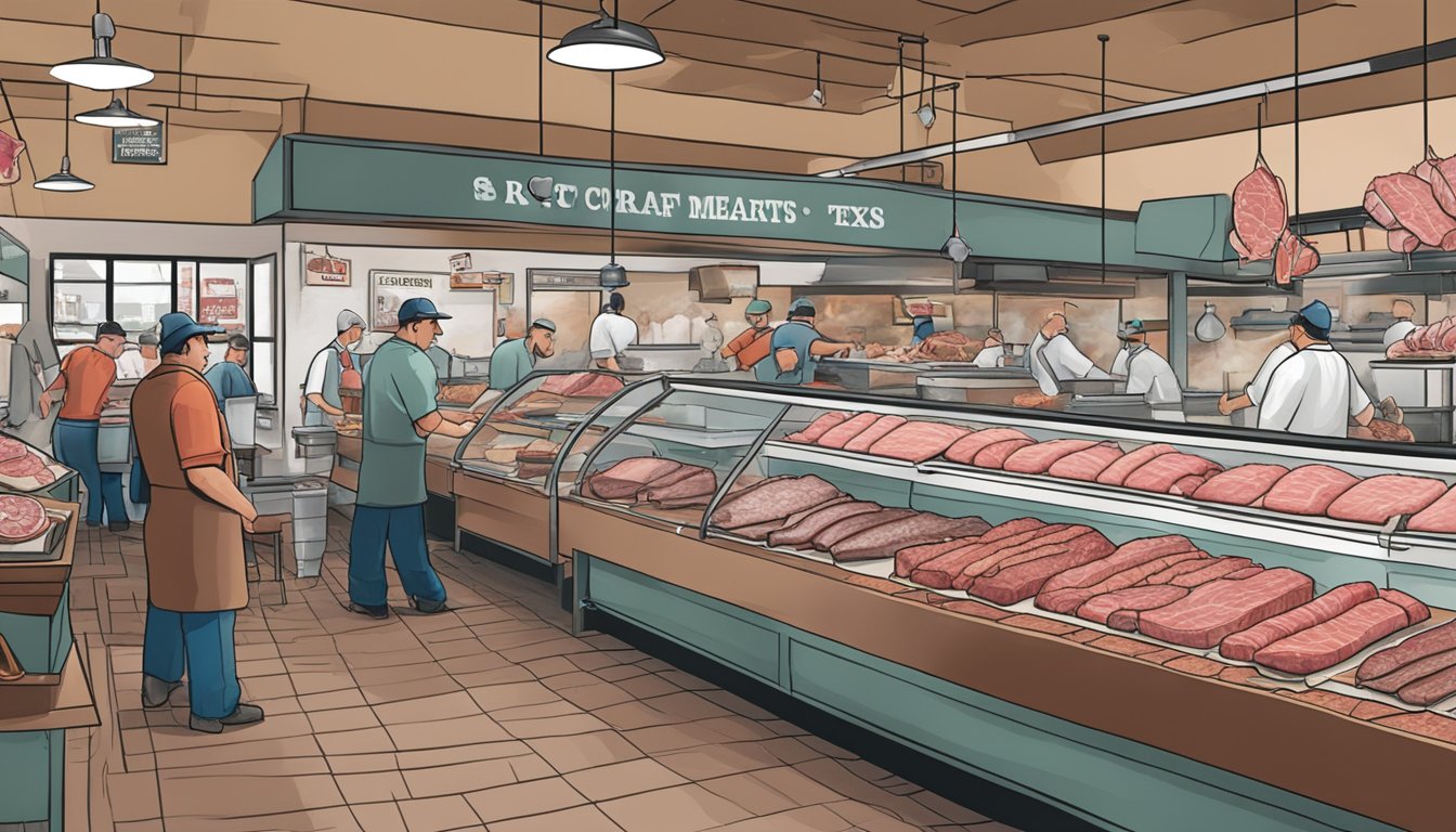 A bustling butcher shop with a display of specialty cuts and meats at RC Ranch Texas Craft Meats, one of Houston's top 5 butchers