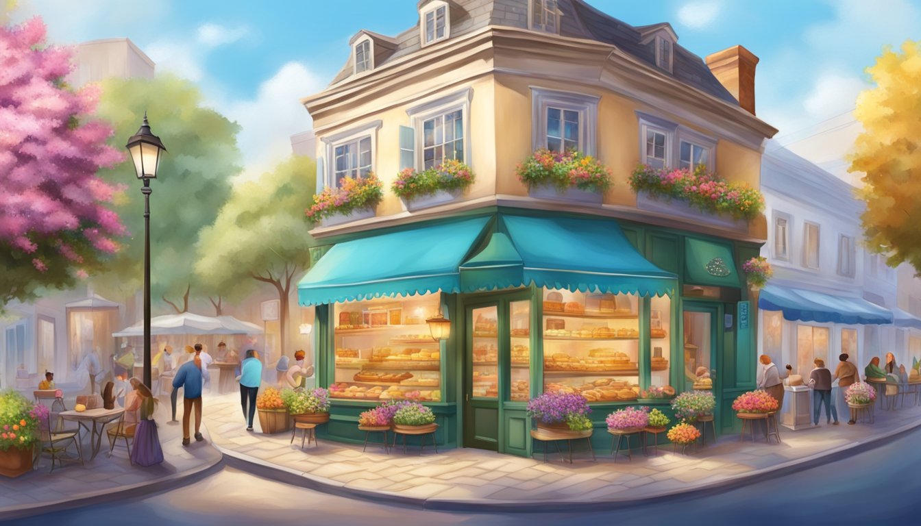 A quaint bakery with a charming storefront, surrounded by colorful flowers and bustling with customers enjoying delicious pastries