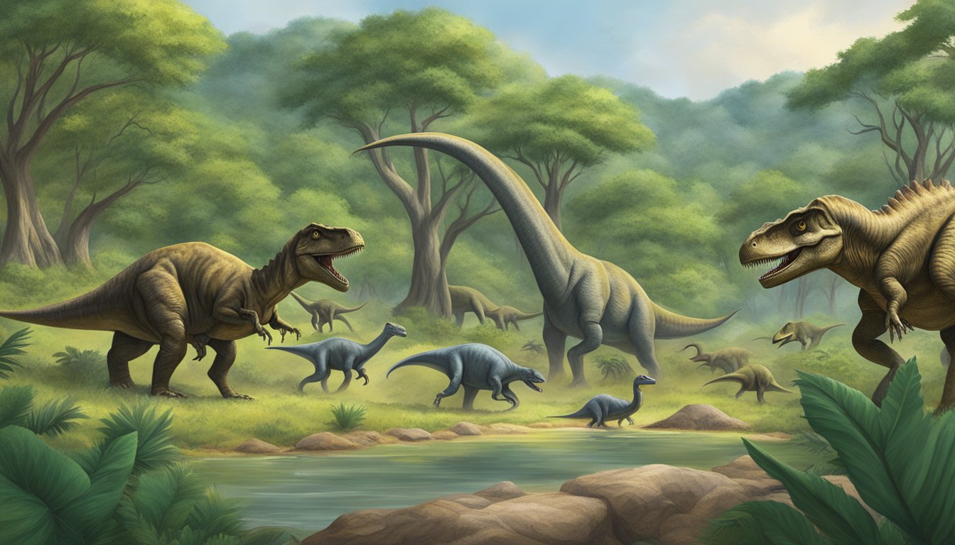 A herd of dinosaurs roam through the lush, green landscape of Dinosaur Valley State Park in Texas