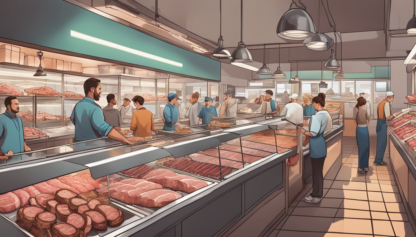 A bustling butcher shop with rows of hanging meats, a display case of specialty cuts, and a knowledgeable staff assisting customers