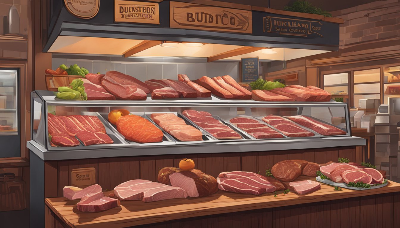 A bustling butcher shop in Houston showcases a display of specialty cuts, with various meats arranged neatly on wooden cutting boards