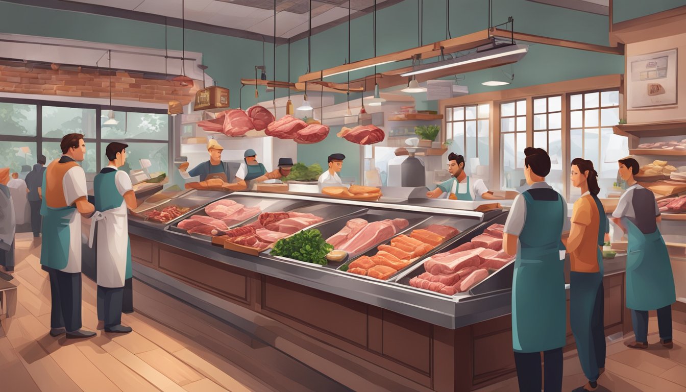 A bustling butcher shop with a variety of meats on display, including specialty cuts. Customers and staff engage in conversation and transactions