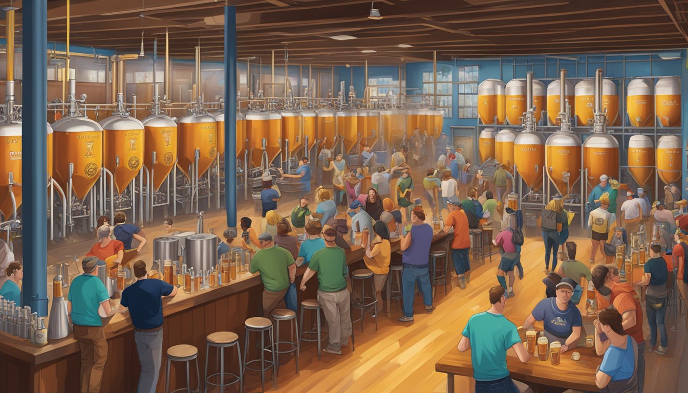 A bustling taproom filled with patrons enjoying pints of Saint Arnold Brewing Company's Amber Ale, surrounded by the brewery's industrial equipment and colorful beer labels