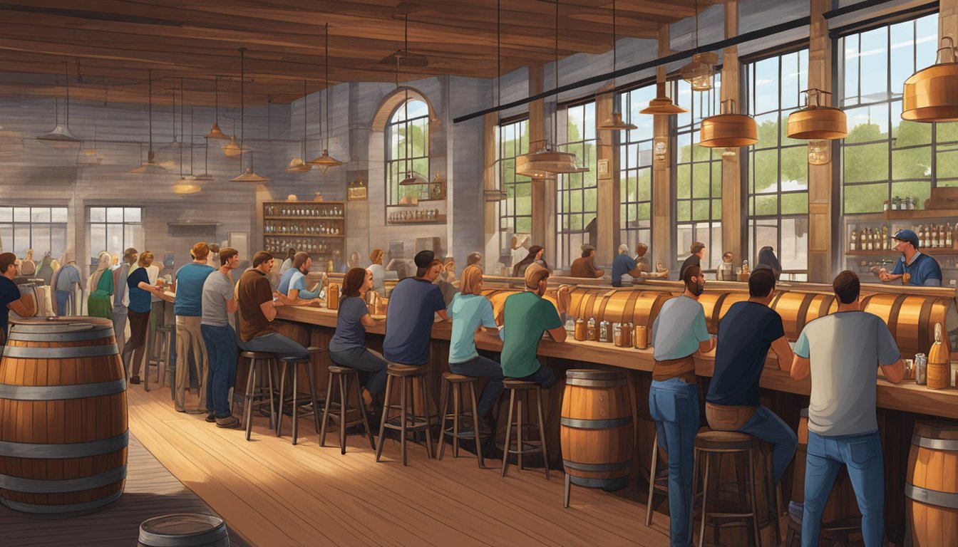 A bustling taproom with copper brewing vats and wooden barrels, patrons enjoying craft beer at Buffalo Bayou Brewing Co. in Houston, TX