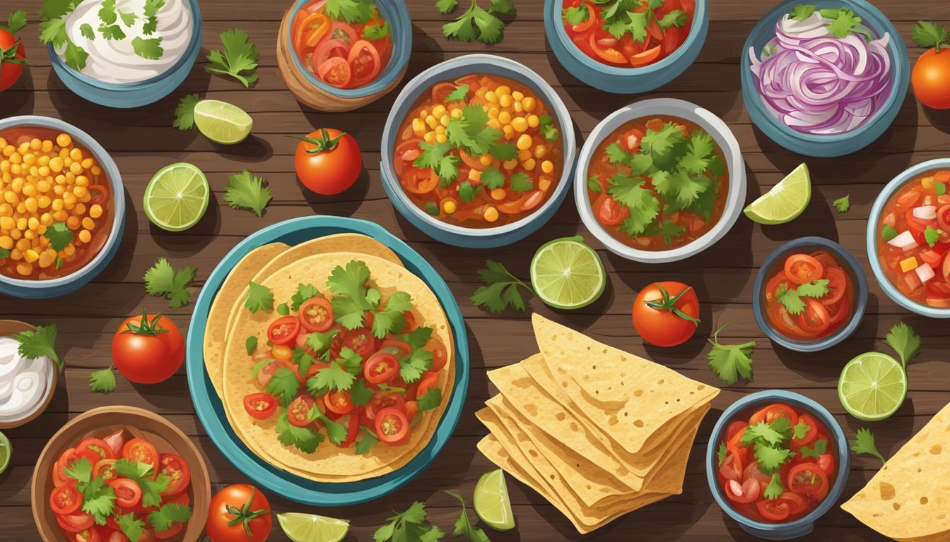 A colorful spread of Tex Mex dishes, including Pico de Gallo, on a rustic wooden table with vibrant ingredients like tomatoes, onions, and cilantro