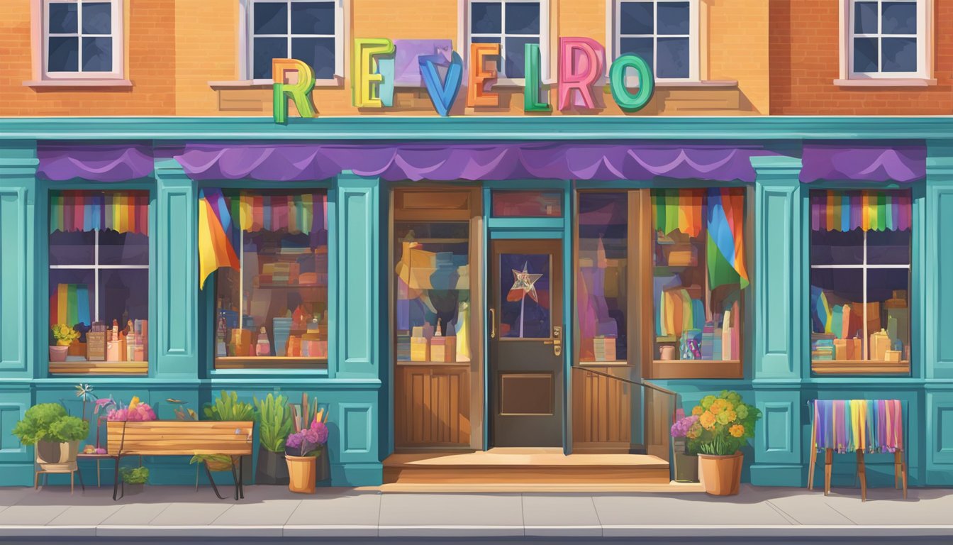 A colorful storefront with a "Revel Rodeo" sign, showcasing unique western wear. Rainbow flags adorn the windows, celebrating LGBTQ ownership