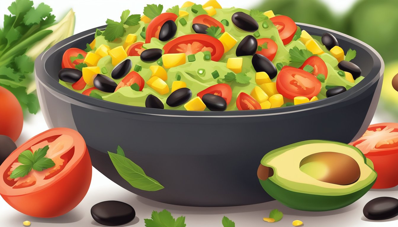 A colorful bowl of guacamole salad surrounded by vibrant Tex Mex ingredients like tomatoes, avocado, corn, and black beans, with a sprinkle of cilantro on top