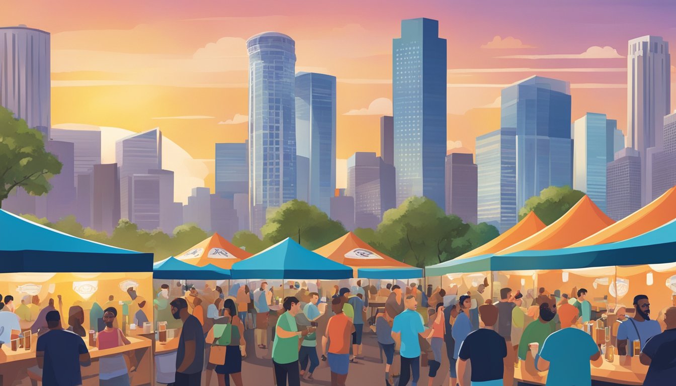 A bustling craft beer festival in Houston, with diverse patrons enjoying various brews under the city's skyline