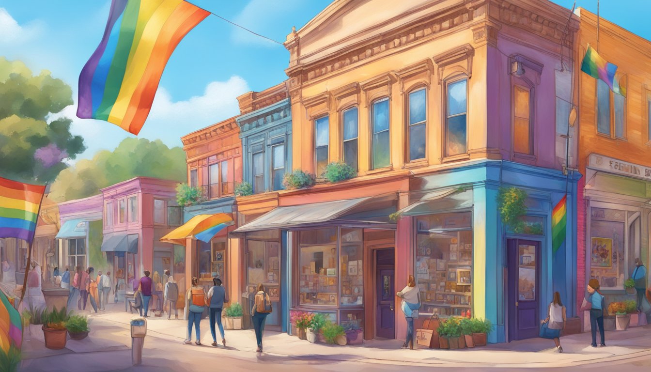 A colorful art gallery with rainbow flags and diverse artwork, surrounded by ten vibrant LGBTQ+ owned businesses in Texas