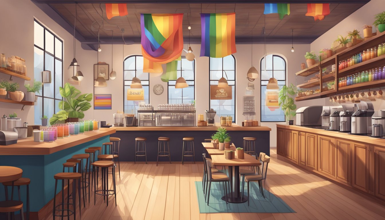 A cozy coffee roastery with rainbow decor and a welcoming atmosphere, bustling with customers and showcasing pride flags