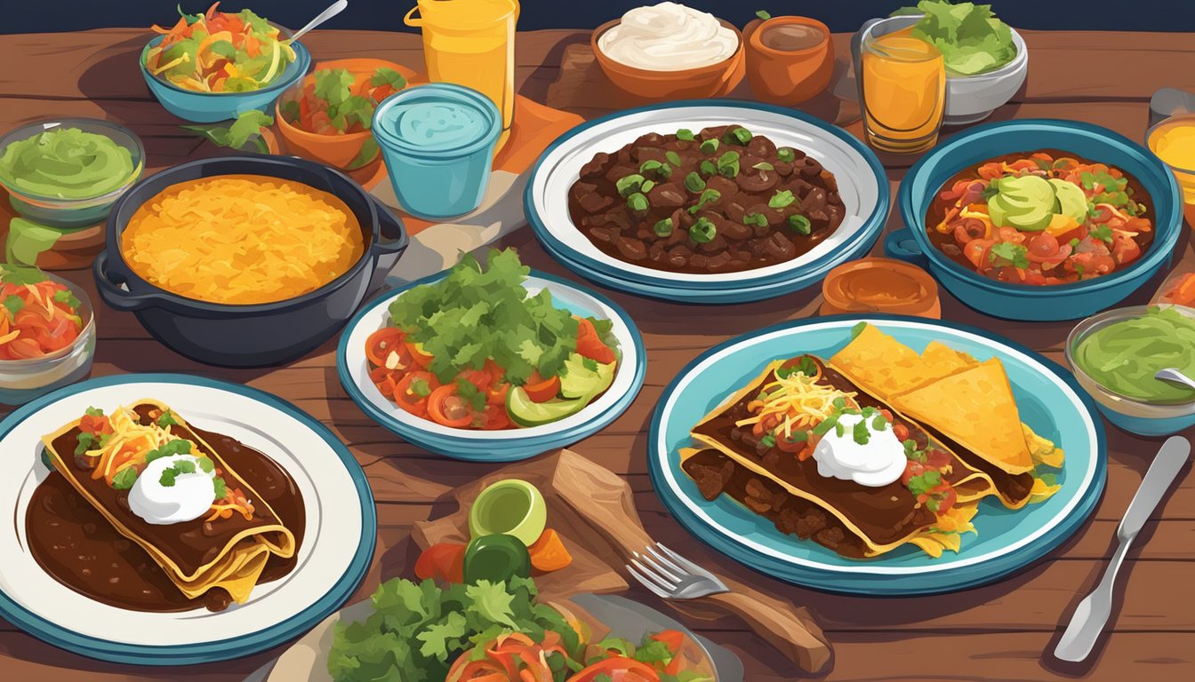 A table set with colorful mole enchiladas surrounded by Tex Mex dishes in a vibrant Texas restaurant