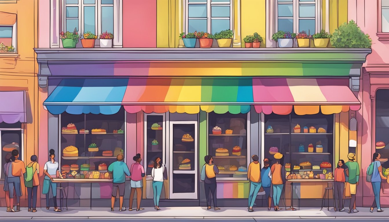 A colorful storefront with a rainbow flag flying proudly. Customers of all backgrounds and identities gather outside, chatting and enjoying pastries