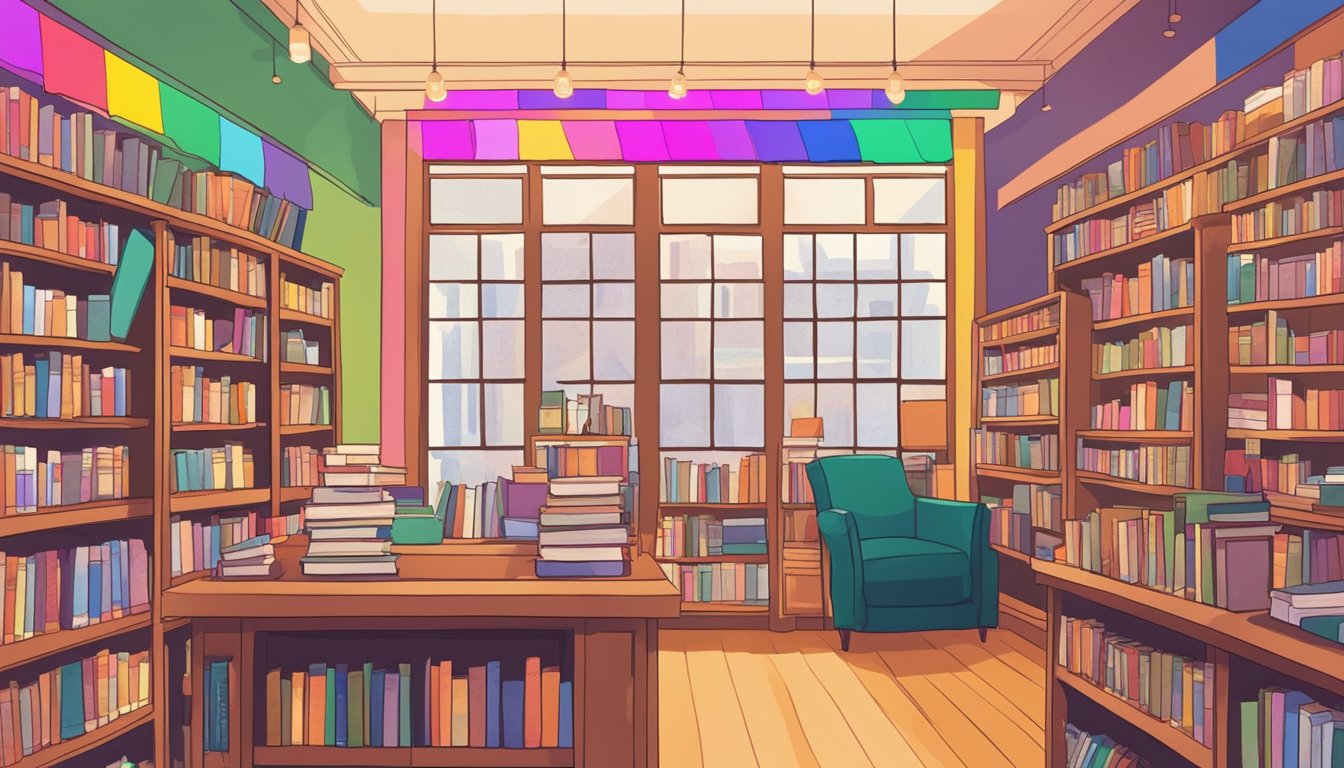 A cozy, colorful bookstore with a bold sign reading "BookWoman: Feminist Bookstore." The shelves are filled with diverse books and pride flags adorn the windows