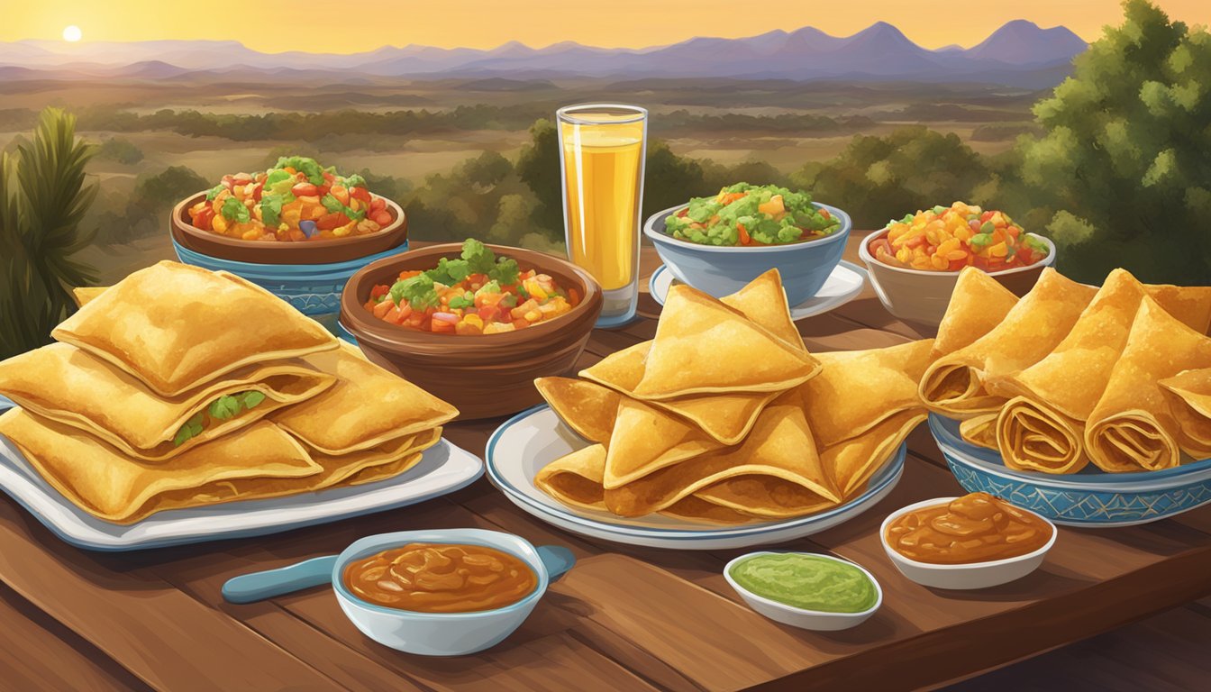 A table set with a plate of golden sopapillas surrounded by Tex-Mex dishes, with a Texan landscape in the background