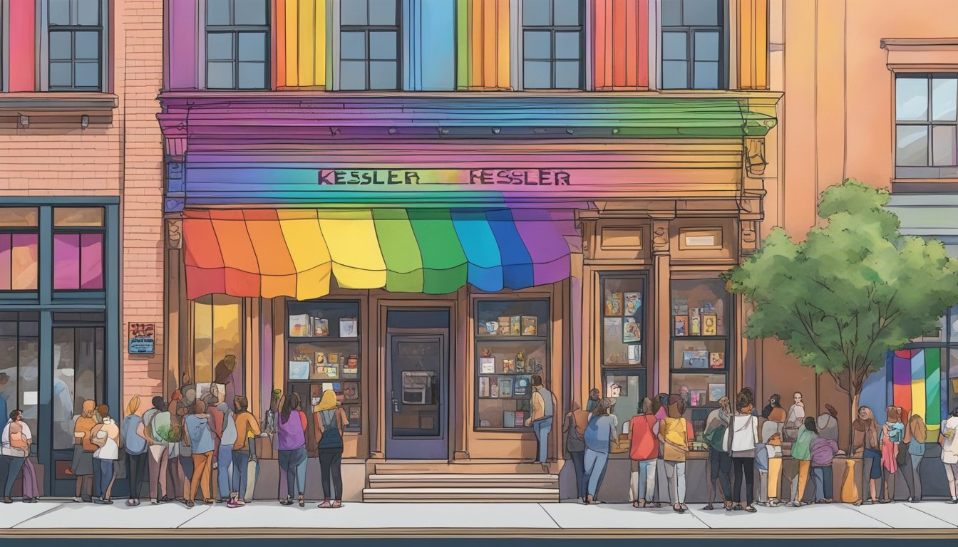 The Kessler Theater, adorned with rainbow flags, hosts a diverse crowd at a pride event. Nearby, 10 LGBTQ+ owned businesses display their vibrant storefronts