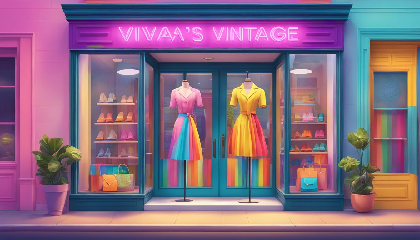 A colorful storefront with a neon sign reading "Viva's Vintage: Retro Clothing Store." Mannequins display vibrant LGBTQ+ pride-themed outfits in the window