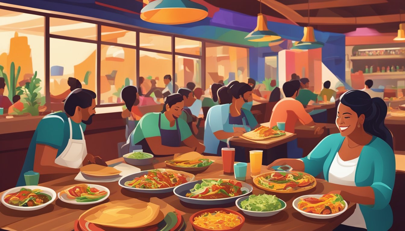 A bustling Tex-Mex restaurant with colorful decor and a lively atmosphere. Plates of sizzling fajitas, cheesy enchiladas, and crispy tacos are being served to eager diners