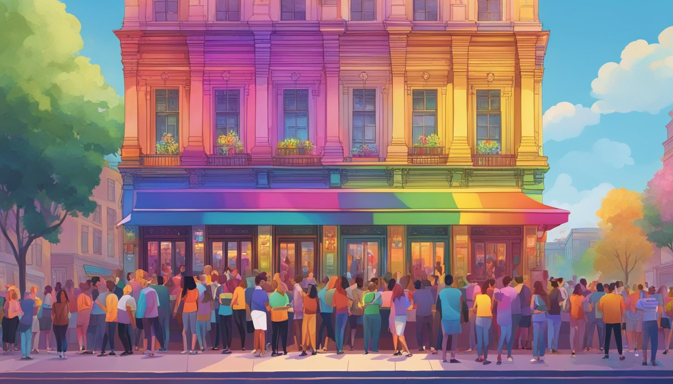 The Liberty Bar: A vibrant, rainbow-lit facade with a diverse crowd celebrating LGBTQ+ pride