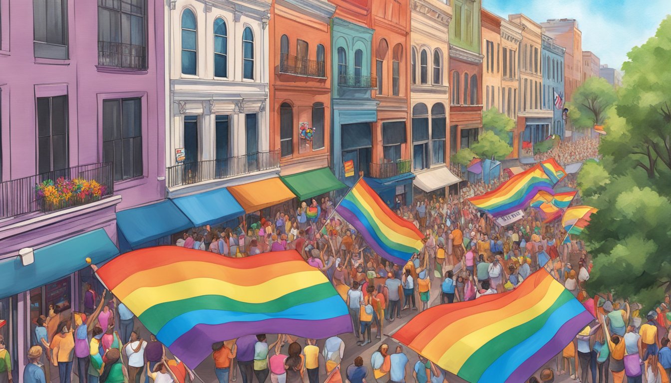 A vibrant Pride parade with rainbow flags and LGBTQ+ owned businesses in Texas