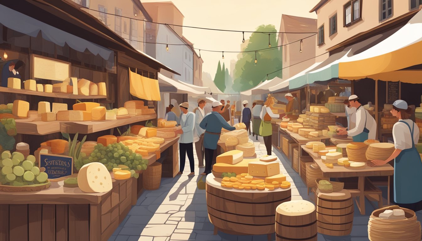 A rustic outdoor market with a variety of artisanal cheese wheels displayed on wooden tables, surrounded by colorful banners and bustling customers