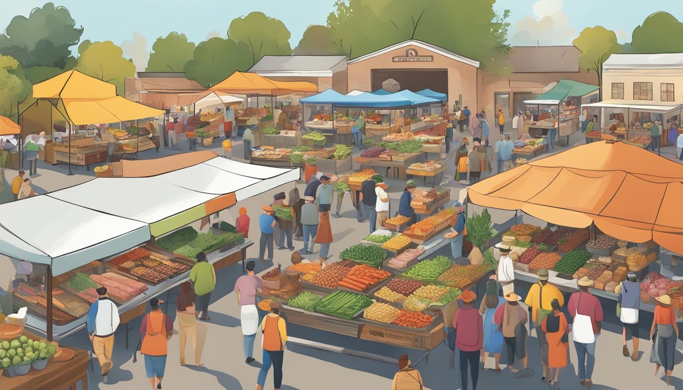 A bustling farmers market with colorful stalls showcasing Opa's Smoked Meats and other artisanal food producers from Comal County