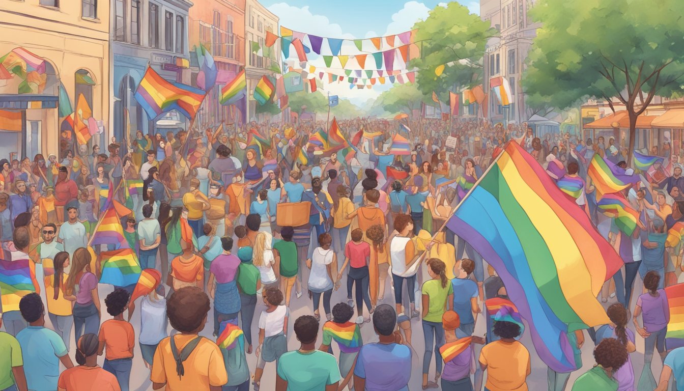 A colorful parade of LGBTQ-owned businesses in Texas, with rainbow flags and banners proudly displayed, drawing in a diverse and supportive crowd for Pride Month