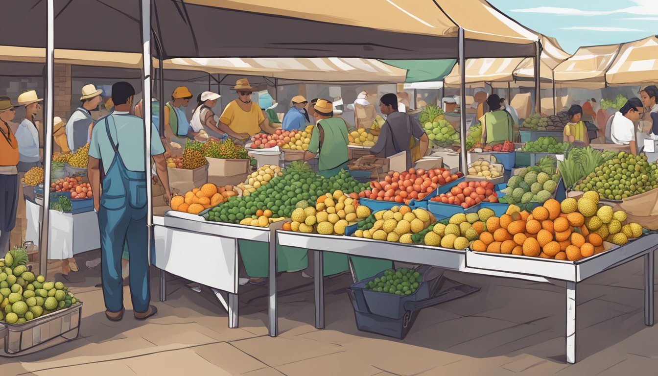 A bustling farmer's market with colorful produce and a small stand selling quail eggs in Texas