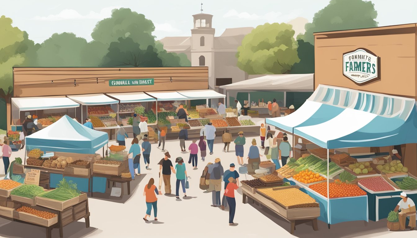 A bustling farmers market with six rustic stalls showcasing Comal County's finest artisanal food products