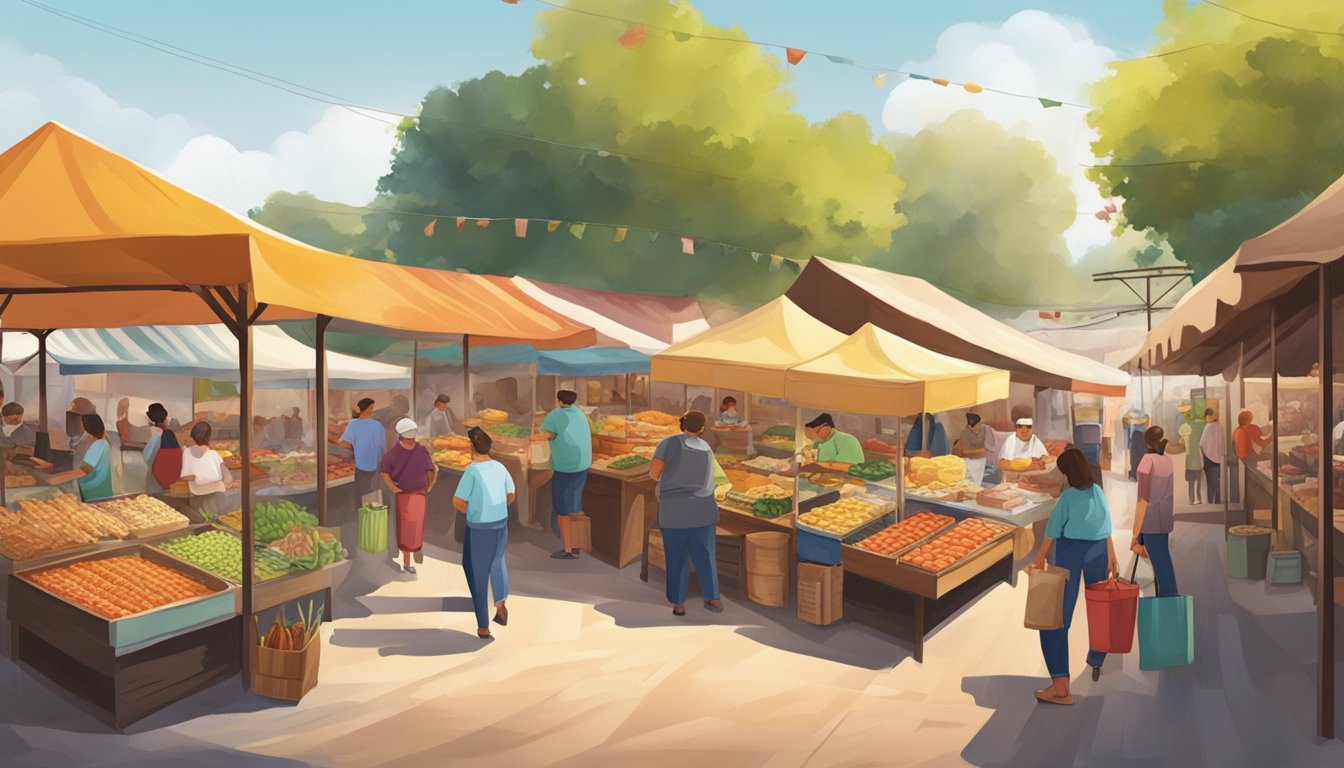 A bustling market with colorful stalls displaying a variety of gourmet foods from six Comal County artisanal producers. The air is filled with the aroma of freshly baked goods and sizzling meats