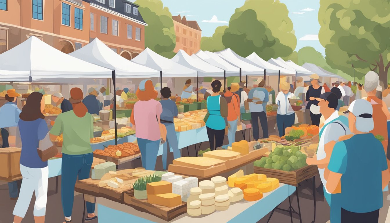 A bustling farmers' market with colorful stalls showcasing locally made cheeses, breads, jams, and other artisanal foods. Customers chat with producers and sample the goods