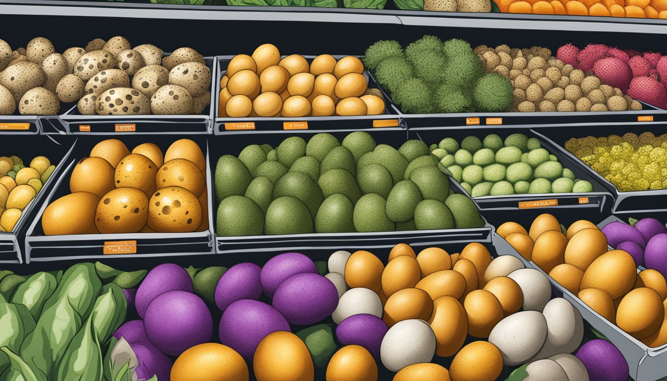 A display of quail eggs nestled among fresh produce at a vibrant HEB Grocery Store in Texas