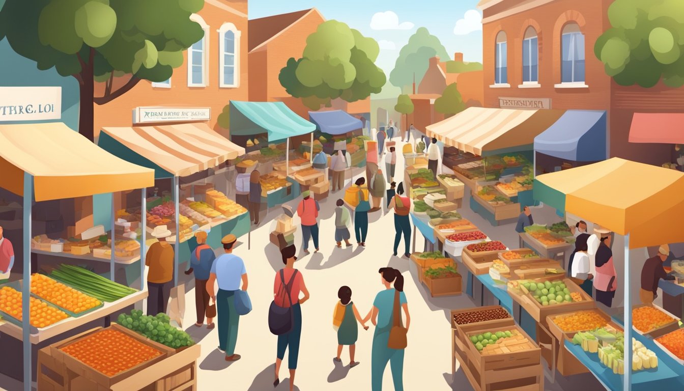 A bustling farmers market with colorful stalls showcasing a variety of locally produced artisanal foods, from fresh produce to homemade preserves and baked goods