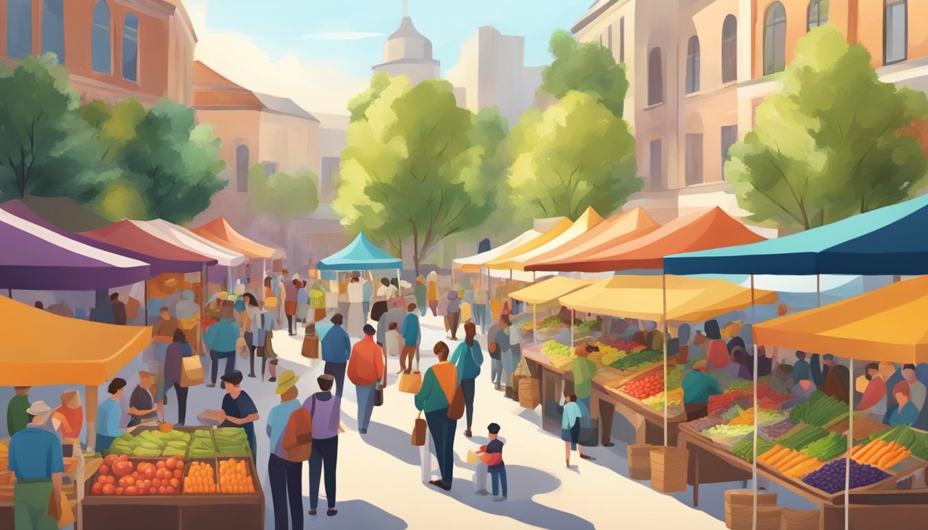 Vibrant farmers market with colorful stalls showcasing artisanal food products. A bustling crowd samples and purchases goods from local producers