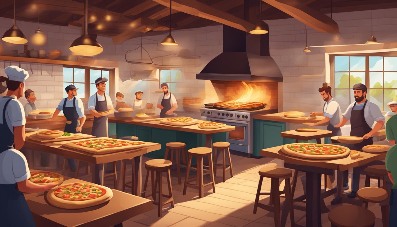 A bustling pizzeria with a brick oven, wooden tables, and a cozy atmosphere. A chef tosses dough in the air while others prepare fresh toppings