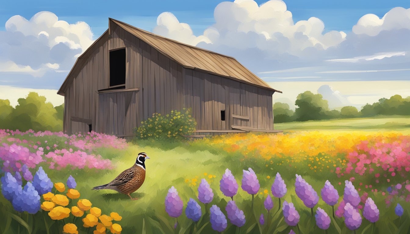 A rustic Texas Quail Farms barn with a vibrant field of wildflowers, where a quail nest sits nestled among the grass