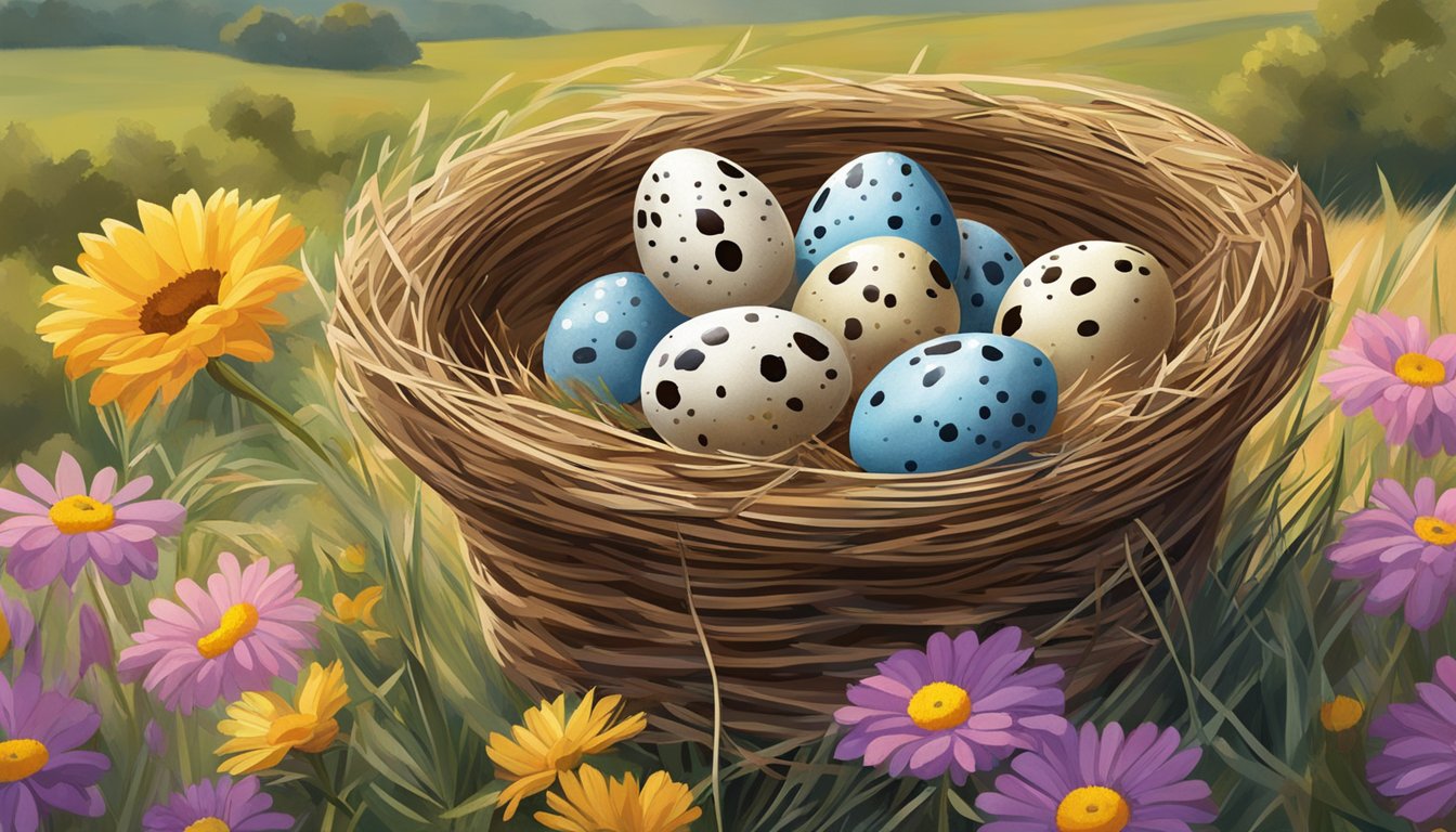 A basket of quail eggs nestled in a bed of straw, surrounded by vibrant wildflowers in a Texas countryside setting