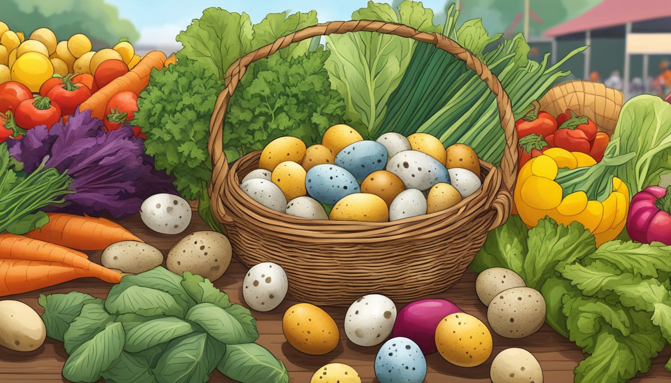 A small basket of quail eggs nestled among colorful vegetables at a local farmer's market in Texas