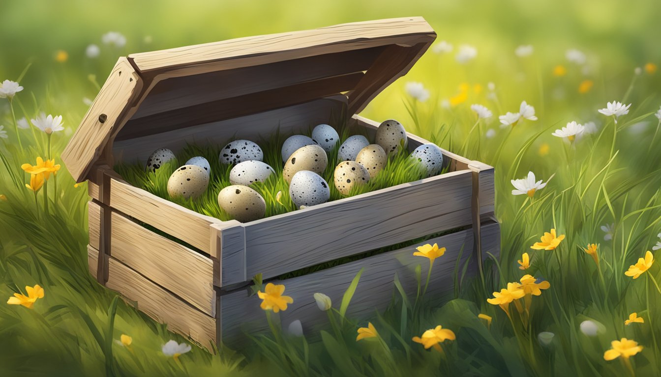 A rustic wooden crate filled with quail eggs, nestled among vibrant green grass and wildflowers in a Texas countryside