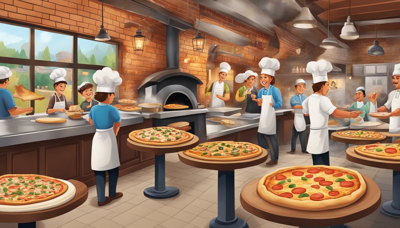 A bustling pizzeria with a brick oven, chefs tossing dough, and customers enjoying slices at tables