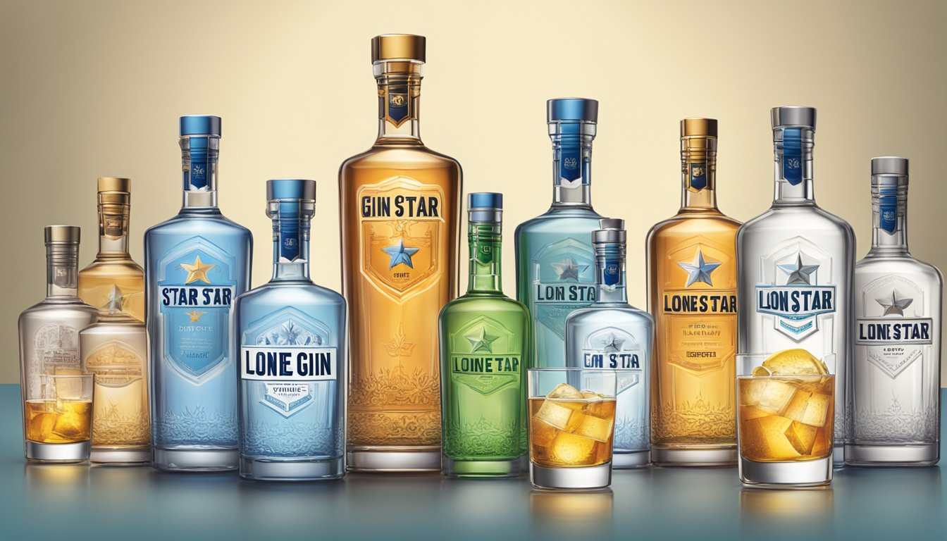 A lone star gin bottle surrounded by 8 glasses, each filled with Roxor Artisan Gin