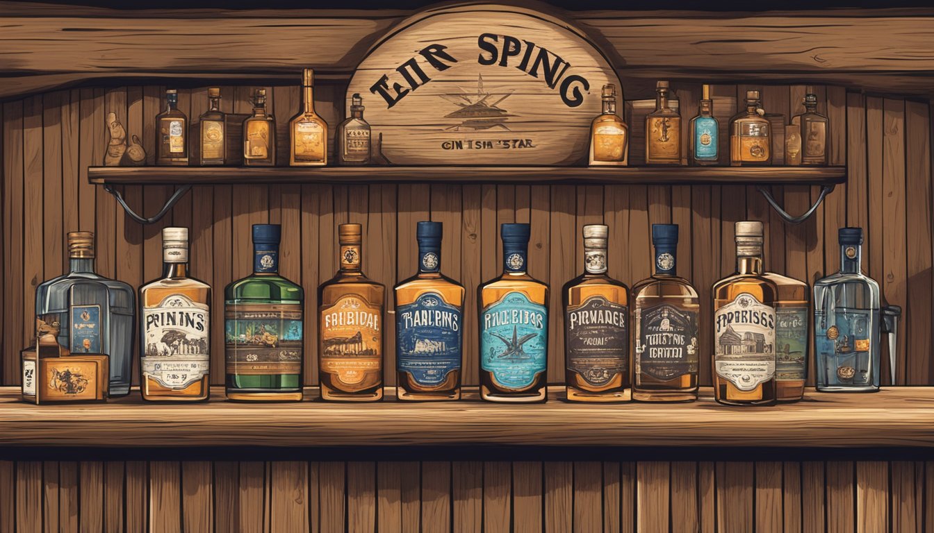 A rustic wooden bar with 8 bottles of Dripping Springs Traditional Gin, surrounded by lone star and Texan imagery