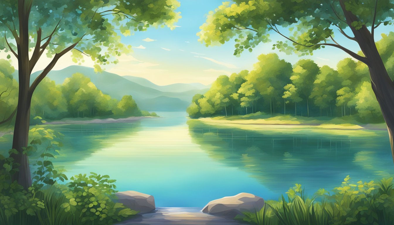 A serene lake surrounded by lush greenery, with clear blue skies and the sun shining down on the calm water