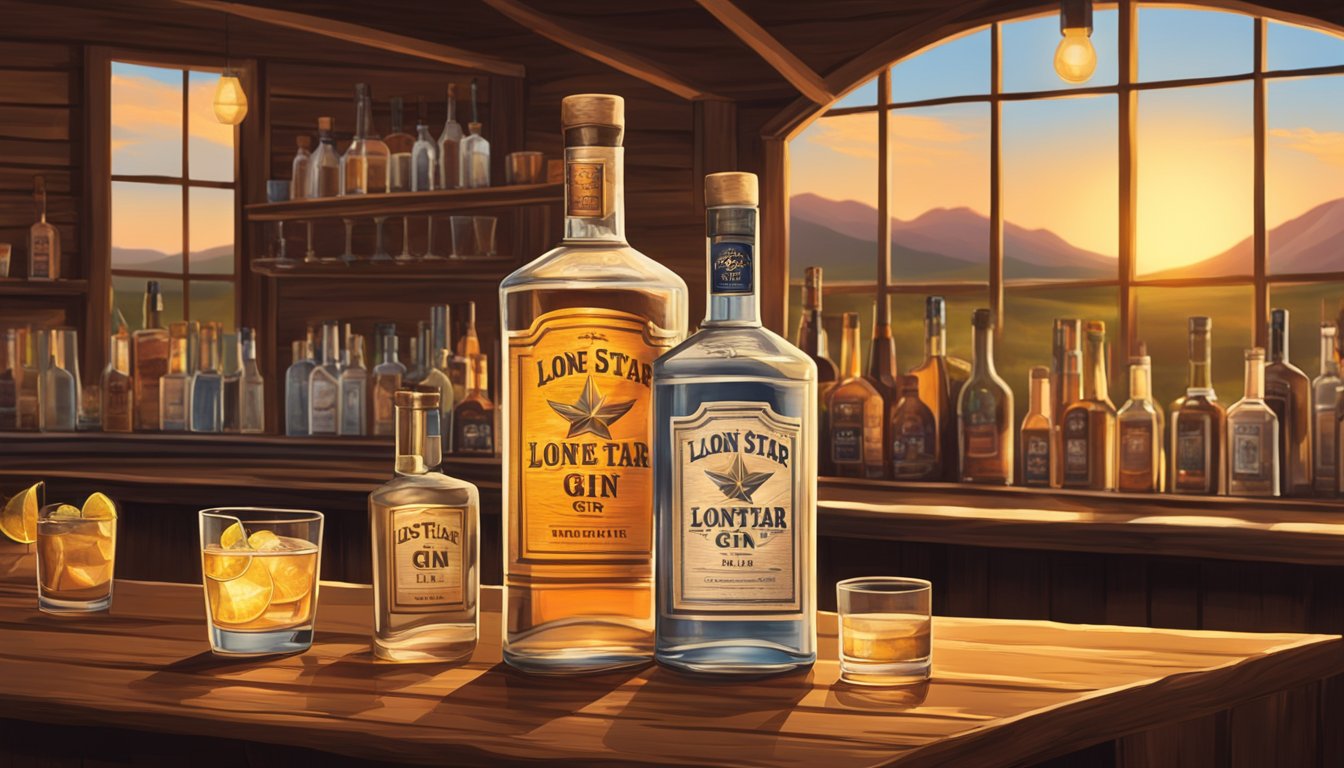 A rustic Texan bar with a row of Lone Star gin bottles and glasses, surrounded by the warm glow of the setting sun