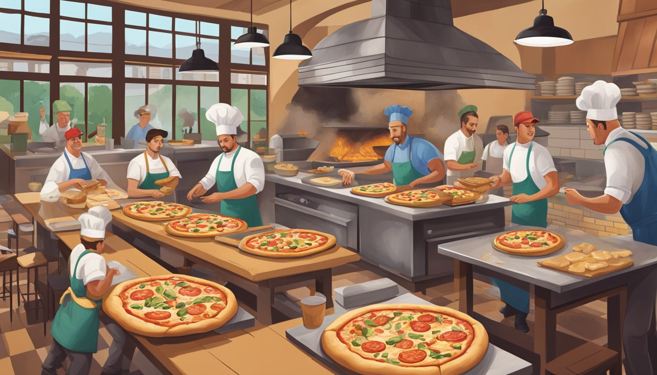 A bustling pizzeria in Texas, with a wood-fired oven, chefs tossing dough, and customers enjoying slices at checkered tables