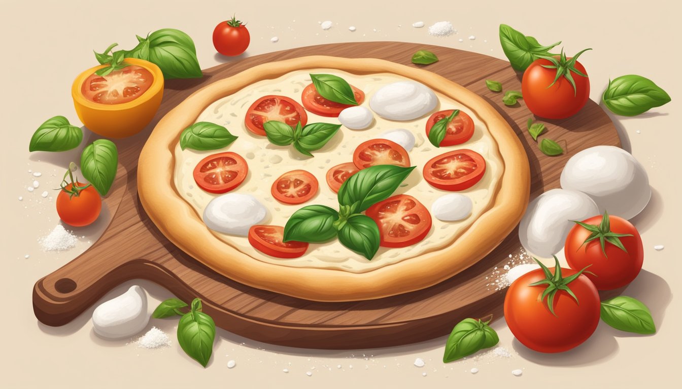 A rustic wooden table with fresh tomatoes, basil, mozzarella, and a sprinkle of flour, surrounded by pizza dough and a rolling pin