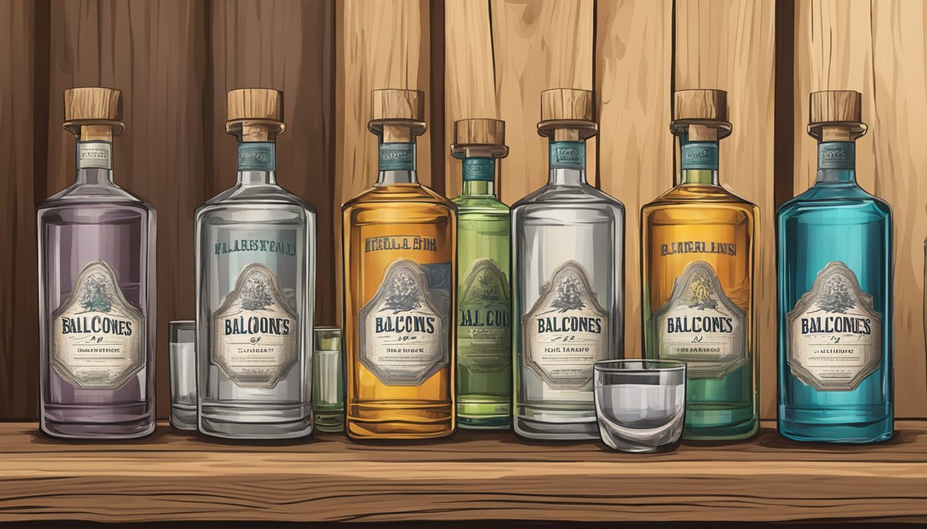 A row of Balcones Barrel Rested Gin bottles on a rustic wooden shelf, surrounded by other Texan-made gins